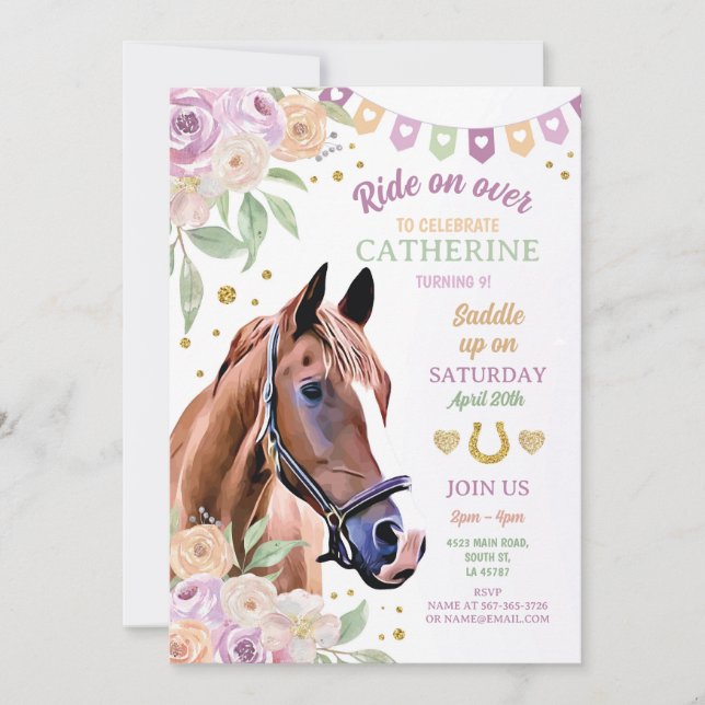 Horse Riding Party Lilac Pony Flower Girl Birthday Invitation (Front)