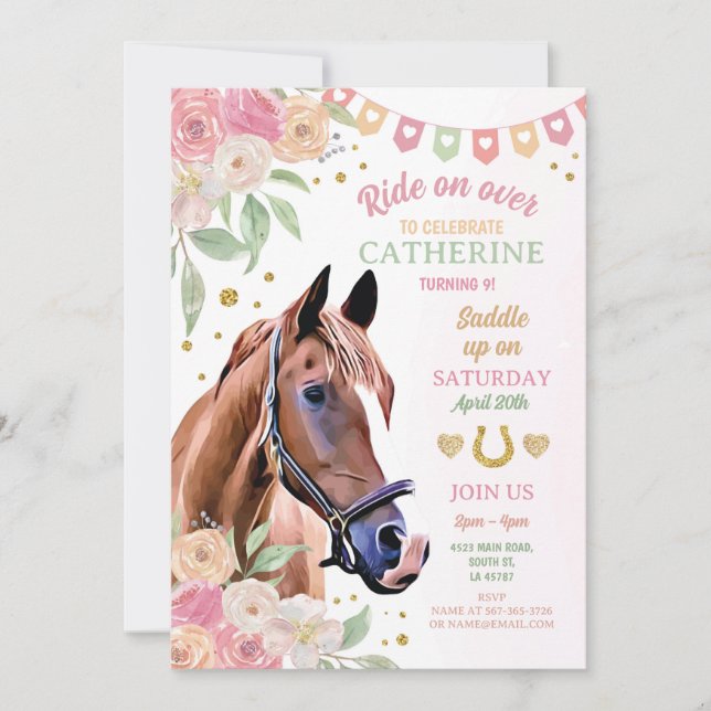 Horse Riding Party Pink Pony Flower Girls Birthday Invitation (Front)