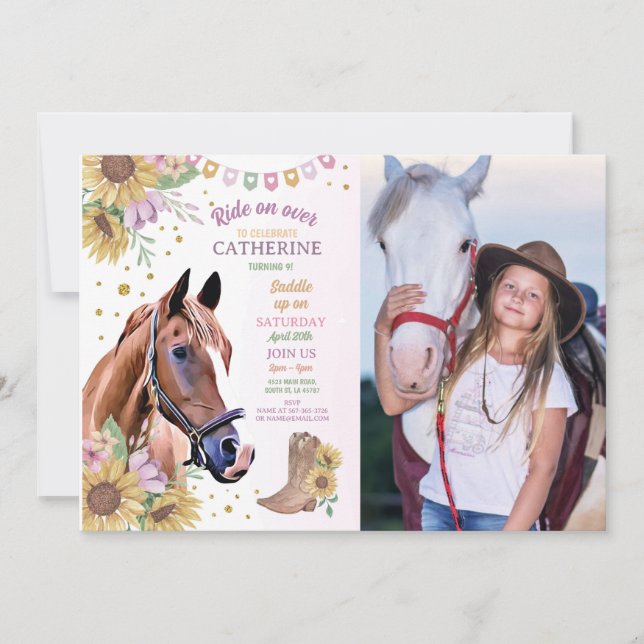 Horse Riding Party Pony Sunflower Girl Birthday Invitation (Front)