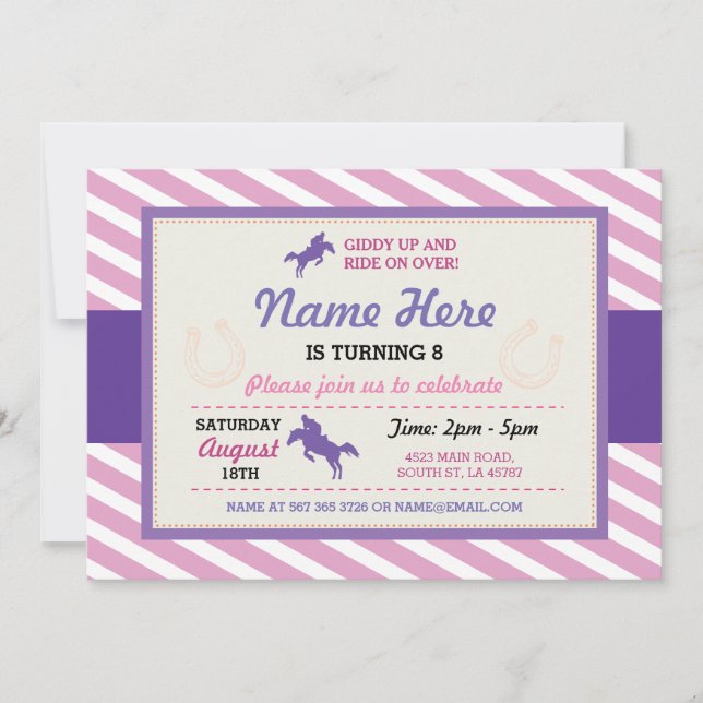 Horse Riding Pink Purple Stripe Pony Invitation (Front)