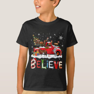 Horse Riding Red Truck Christmas Tree Believe Sant T-Shirt