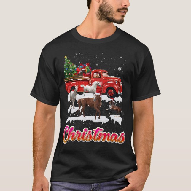 Horse Riding Red Truck Christmas Tree Horse Xmas T-Shirt (Front)