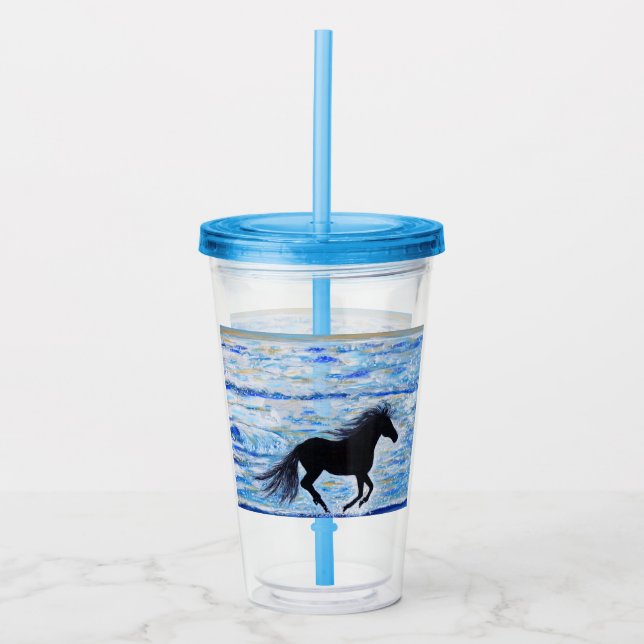 Horse Running Free by the Sea Painting Acrylic Tumbler (Front)