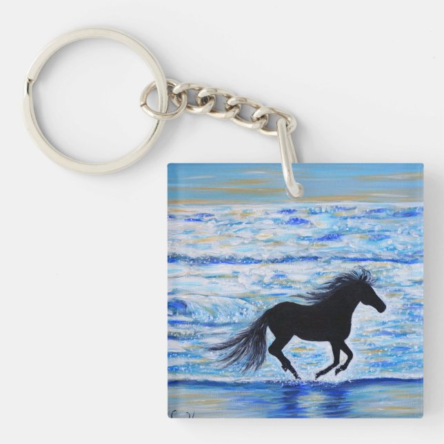 Horse Running Free by the Sea Painting Key Ring (Front)