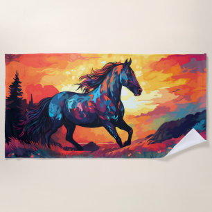 Horse Running On Field Abstract Art Horse Lovers Beach Towel