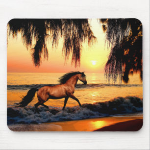 Horse running on sunset beach mouse mat