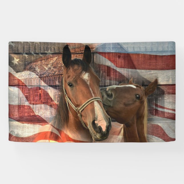 Horse Rustic Barn American Flag Banner (Horizontal)