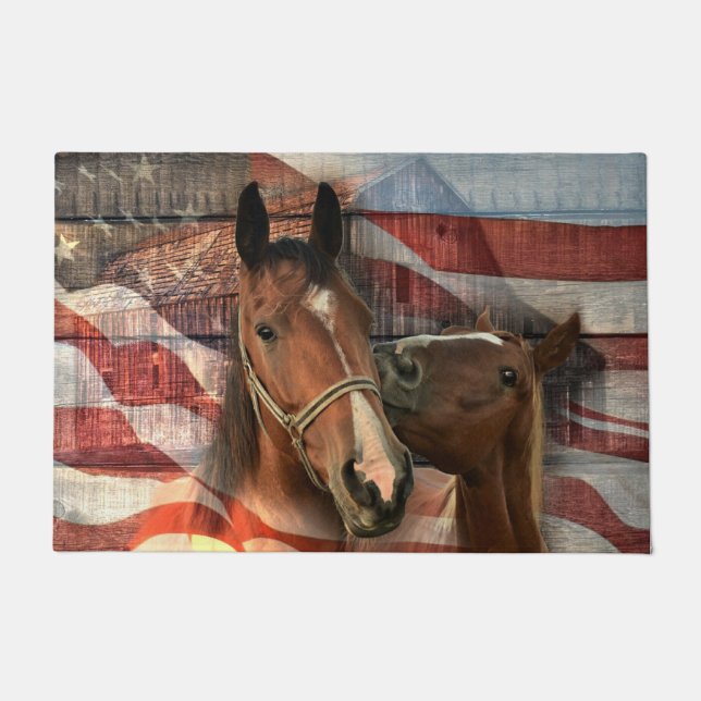 Horse Rustic Barn American Flag Doormat (Front)