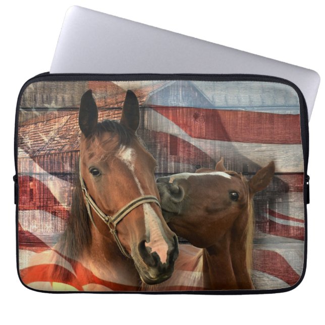 Horse Rustic Barn American Flag Laptop Sleeve (Front)