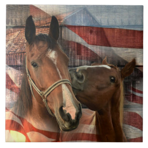 Horse Rustic Barn American Flag Tile