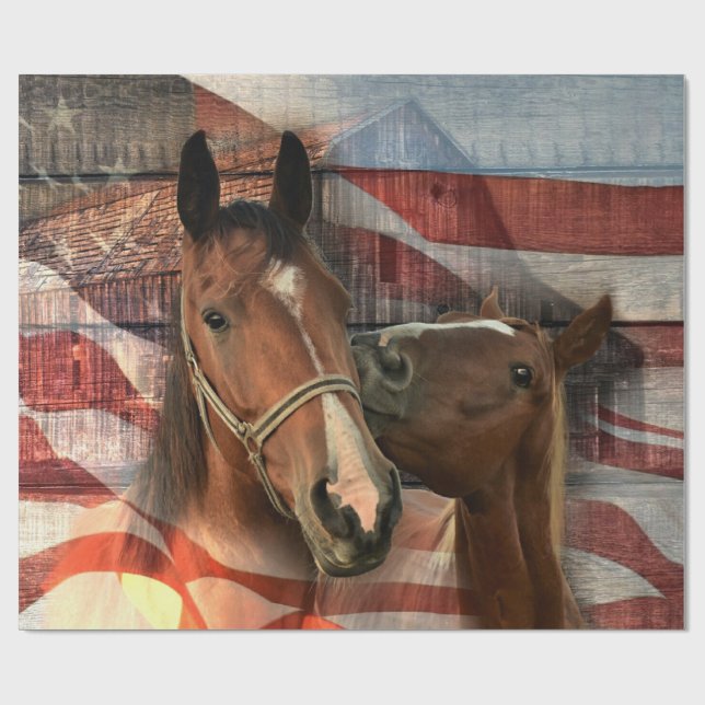 Horse Rustic Barn American Flag Wrapping Paper (Flat)