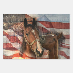 Horse Rustic Barn American Flag Wrapping Paper Sheet