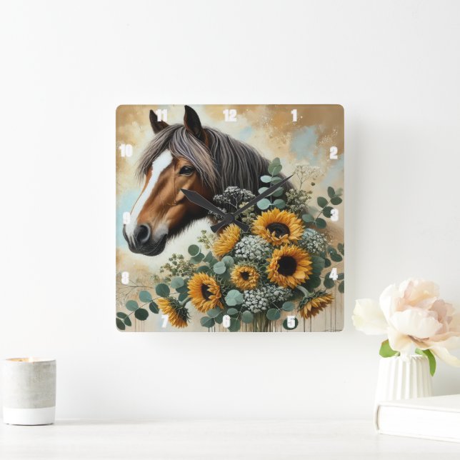 Horse Rustic Sunflowers Square Wall Clock (Home)