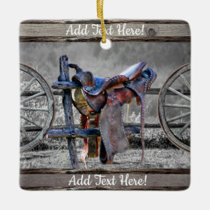 Horse Saddle Corral Fence Western Wagon Wheels Ceramic Ornament