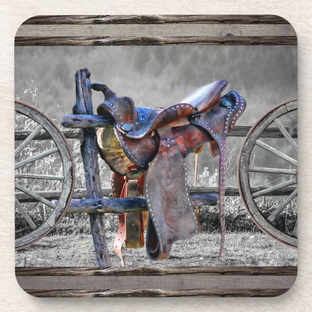Horse Saddle Corral Fence Western Wagon Wheels  Coaster (Front)