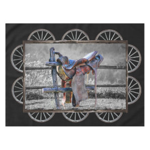 Horse Saddle Corral Fence Western Wagon Wheels  Tablecloth