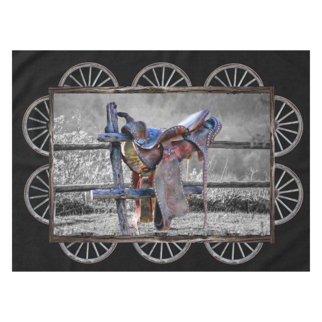Horse Saddle Corral Fence Western Wagon Wheels  Tablecloth (Front (Horizontal))