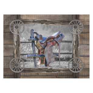 Horse Saddle Corral Fence Western Wagon Wheels Tablecloth