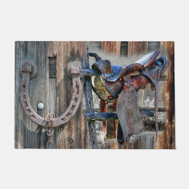Horse Saddle Horseshoe Rustic Western Doormat (Front)