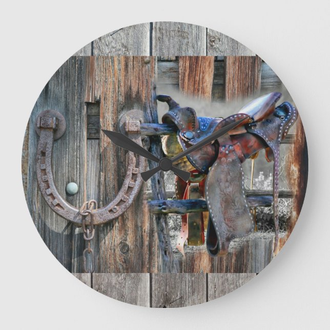 Horse Saddle Horseshoe Rustic Western Large Clock (Front)