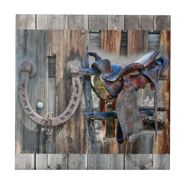 Horse Saddle Horseshoe Rustic Western Tile (Front)