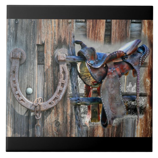 Horse Saddle Horseshoe Rustic Western Tile (Front)