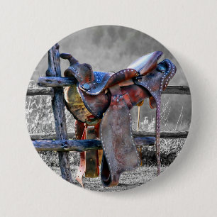 Horse Saddle On Corral Fence Western 7.5 Cm Round Badge