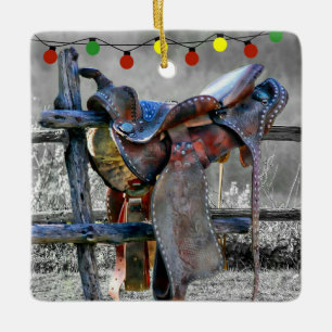 Horse Saddle On Corral Fence Western Ceramic Ornament