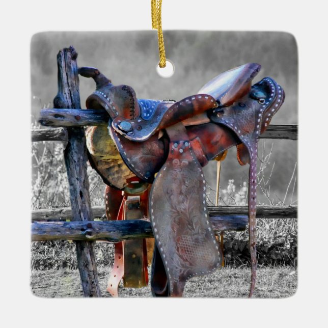 Horse Saddle On Corral Fence Western Ceramic Ornament (Front)