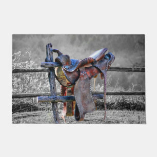 Horse Saddle On Corral Fence Western Doormat