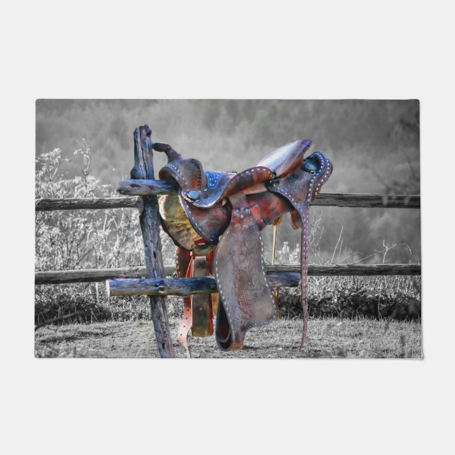 Horse Saddle On Corral Fence Western Doormat (Front)