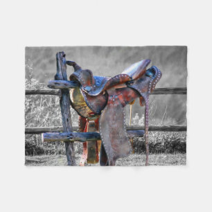 Horse Saddle On Corral Fence Western Fleece Blanket