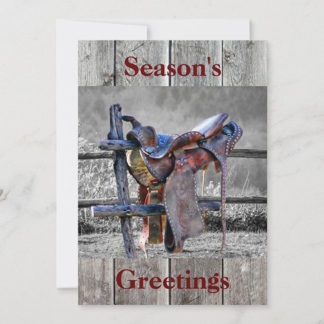 Horse Saddle On Corral Fence Western Holiday Card (Front)