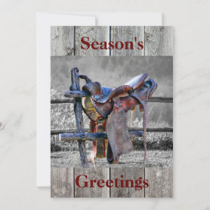 Horse Saddle On Corral Fence Western Holiday Card