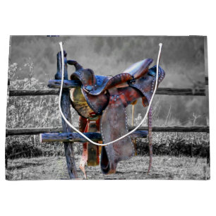 Horse Saddle On Corral Fence Western Large Gift Bag