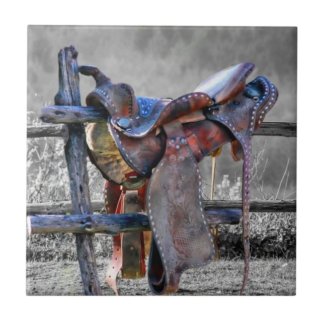 Horse Saddle On Corral Fence Western Tile (Front)
