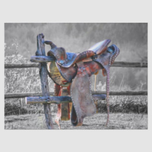 Horse Saddle On Corral Fence Western Tissue Paper