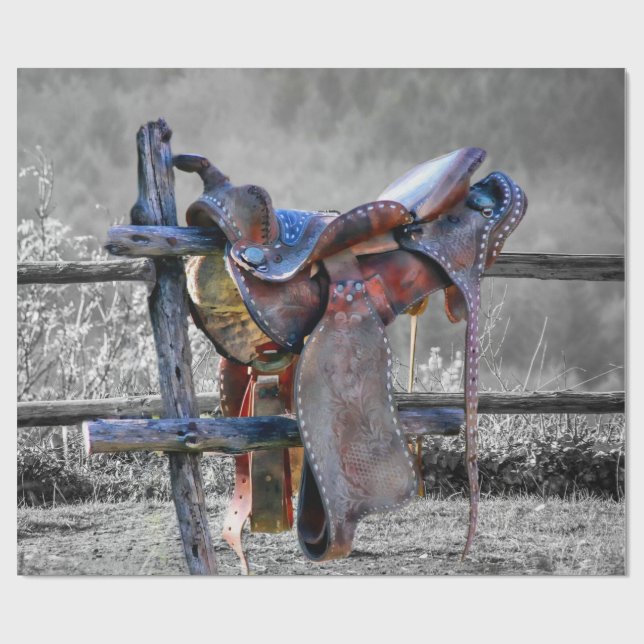 Horse Saddle On Corral Fence Western Wrapping Paper (Flat)