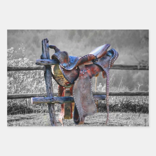 Horse Saddle On Corral Fence Western Wrapping Paper Sheet (Front)