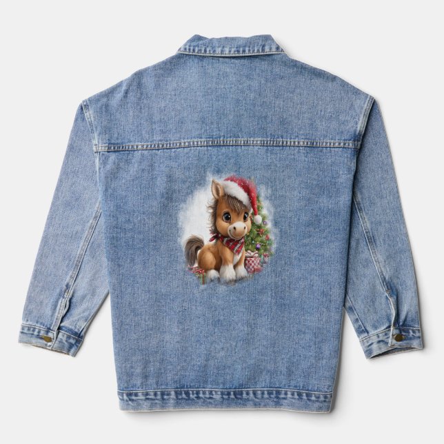 Horse Shirt Christmas Santa Hat Denim Jacket (Back)