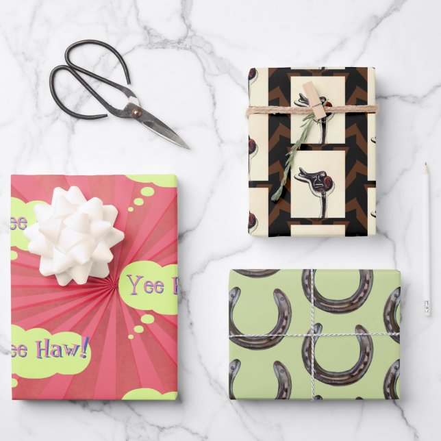 horse shoes saddles, yeehaw! wrapping paper sheet (Front)