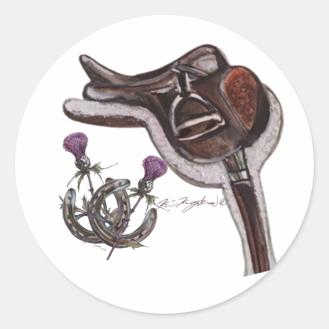 horse shoes , thistles and saddle classic round sticker (Front)