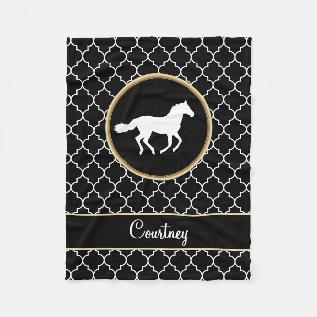 Horse Silhouette Black White Quatrefoil with Name Fleece Blanket (Front)
