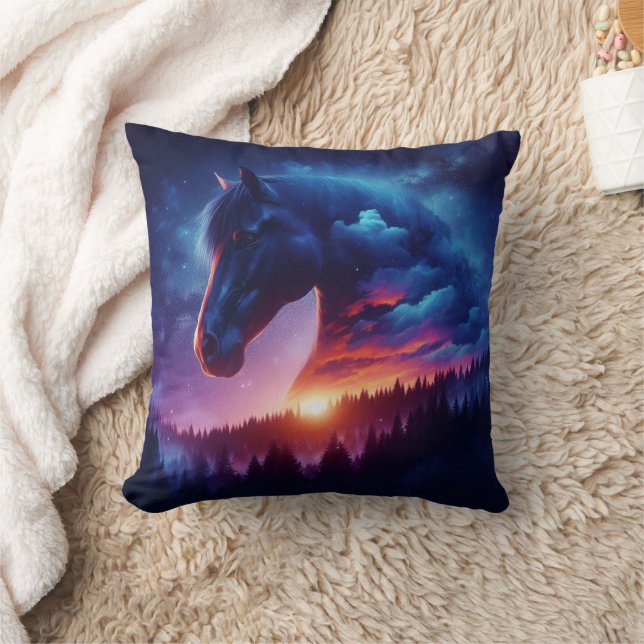 Horse Silhouette in a Sunset Forest Landscape Cushion (Blanket)