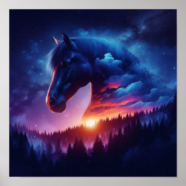 Horse Silhouette in a Sunset Forest Landscape Poster (Front)