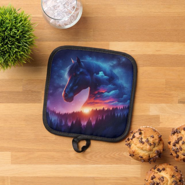 Horse Silhouette in a Sunset Forest Landscape Pot Holder (Top Down)