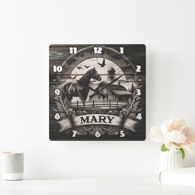 Horse Silhouette Near Barn With Sun Rays and Name Square Wall Clock (Home)