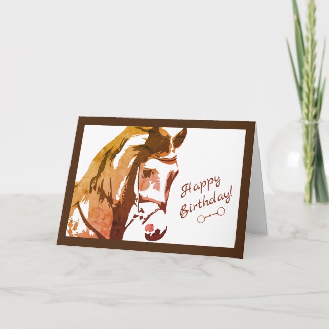 Horse Sketch and Snaffle Bit, Brown Happy Birthday Card (Front)