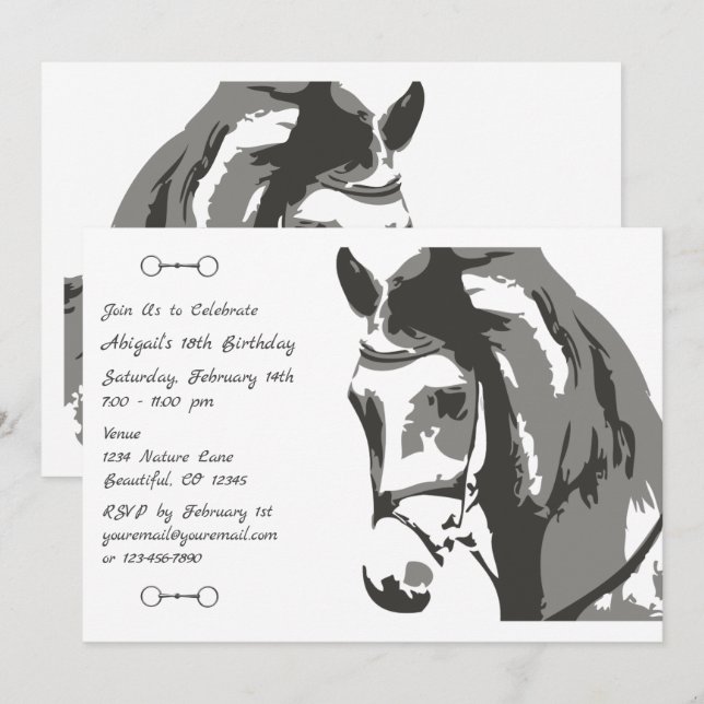 Horse Sketch and Snaffle Bit, Grey Birthday Invitation (Front/Back)