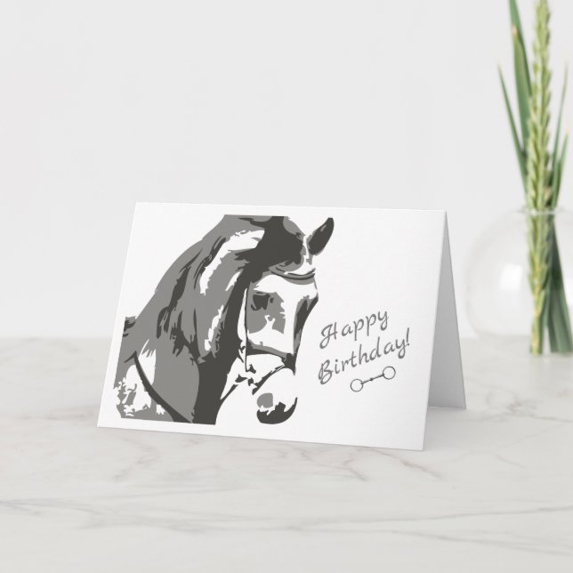 Horse Sketch and Snaffle Bit ~ Grey Happy Birthday Card (Front)